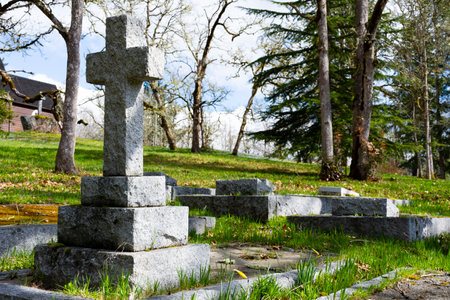 An image of a large stone cross in a historic cemetery on Vancouver Island.の写真素材
