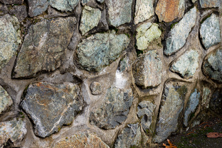 An abstract image of a old stone retaining wall covered in debris and moss.の写真素材