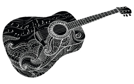 Stylized classical guitar. Retro guitar. Musical instrument. Music. Rock. Line art. Drawing by hand. Graphic arts Tattoo Doodleのイラスト素材