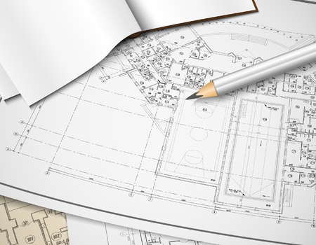Architectural background  Part of architectural project, architectural plan, technical project, drawing technical letters, architect at work, Architecture planning on paper, construction planのイラスト素材