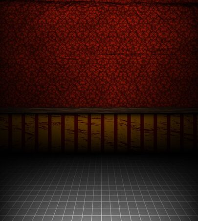 Empty old grungy room with red vintage wallpaperのイラスト素材