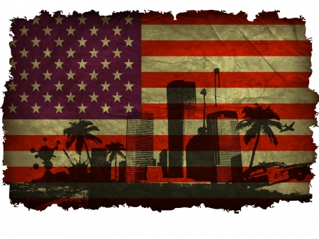 urban cities with large palm trees on an old American flagのイラスト素材