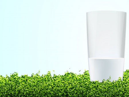 Glass Of Milk In Grass And Blue Sky, Vector Illustrationのイラスト素材