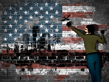 graffiti artist paints graffiti grunge on the American flagのイラスト素材