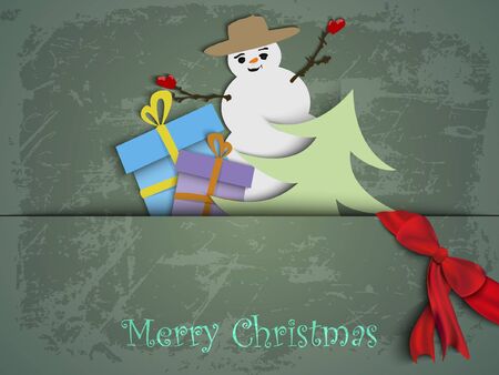 Christmas card with a snowman tree and gifts made of paperのイラスト素材