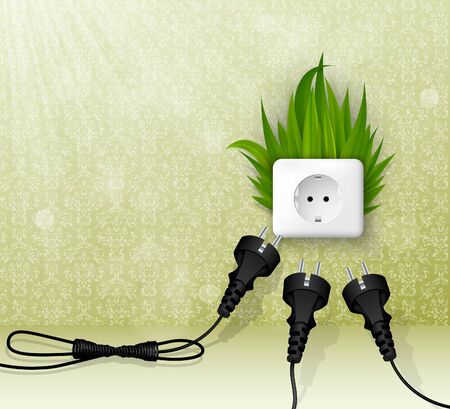 Green grass and a socket with three plugs  the concept of clean energyのイラスト素材