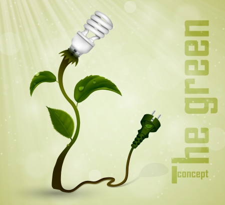 Green plug with energy-saving light bulb and grass  the concept of clean energyのイラスト素材