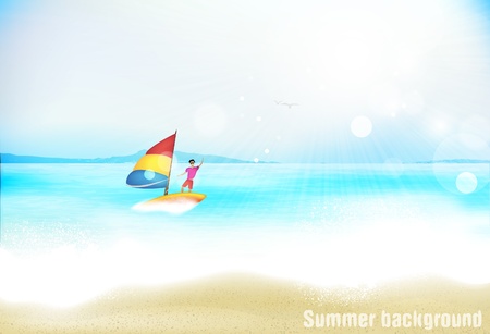 Azure beach with surferのイラスト素材