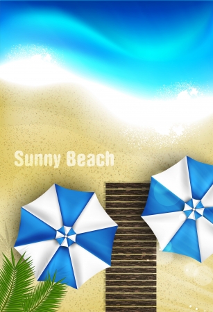 Azure coast with beach umbrellas, palm treeのイラスト素材