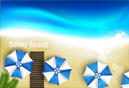 Azure coast with beach umbrellas, palm treeのイラスト素材