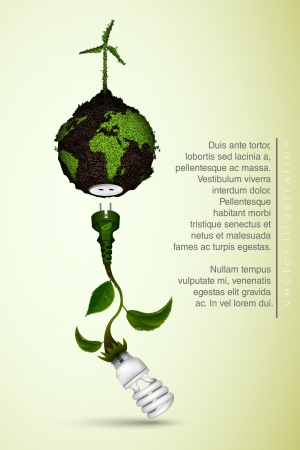  Energy saving light bulb with a plug and green leaves, grass and the planet  concept of ecology and clean energyのイラスト素材