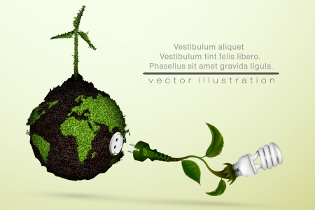  Energy saving light bulb with a plug and green leaves, grass and the planet  concept of ecology and clean energyのイラスト素材