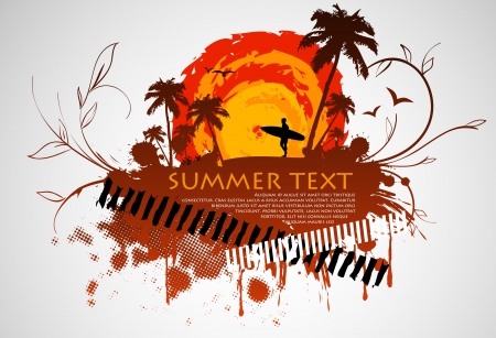 grungy frame with a surfer and palm trees and the summer sunのイラスト素材