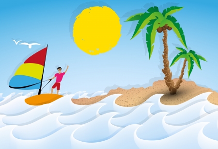 Paper tropical island with palm tree, waves and surferのイラスト素材