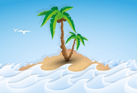Paper tropical island with palm tree, wavesのイラスト素材