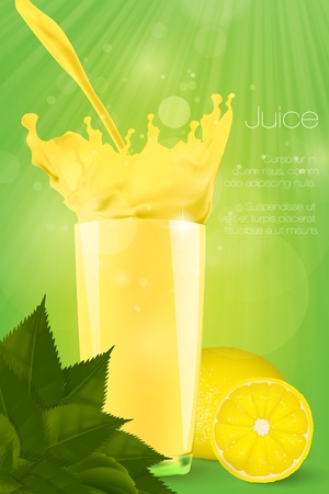 Pouring juice into a glass on a green background with lemonのイラスト素材