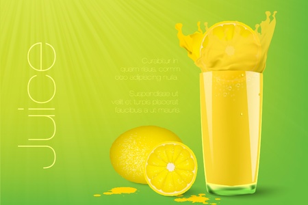 Pouring juice into a glass on a green background with lemonのイラスト素材
