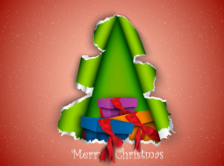 Christmas tree made of torn paper with gifts insideのイラスト素材