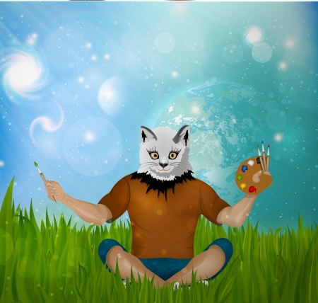 Man with a cat head and paints on the grassのイラスト素材