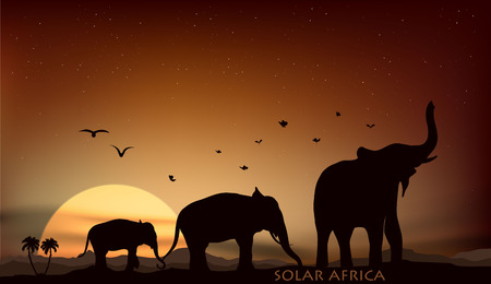 sunrise and sunset over the savannah with three elephantsのイラスト素材