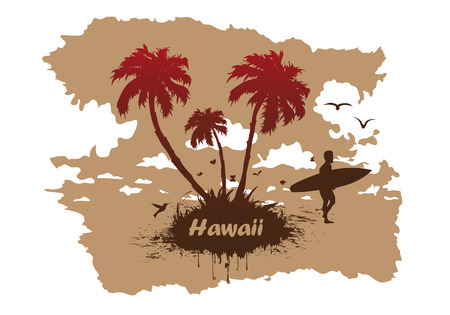 vector Sunny beach with palm surfer in Hawaiiのイラスト素材