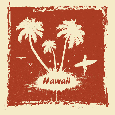 vector Sunny beach with palm surfer in Hawaiiのイラスト素材