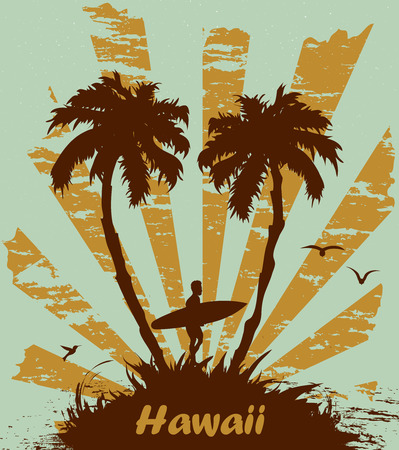 vector Sunny beach with palm surfer in Hawaiiのイラスト素材