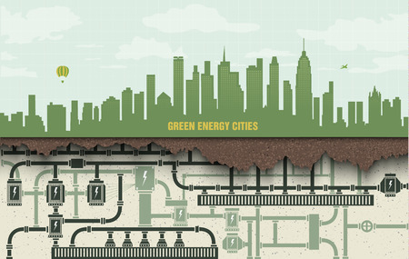 renewable energy in the big city. green ecology with wind generators and solar panelsのイラスト素材