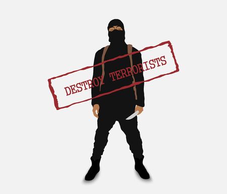 terrorist with a knife in uniform with the inscription destroy terroristsのイラスト素材