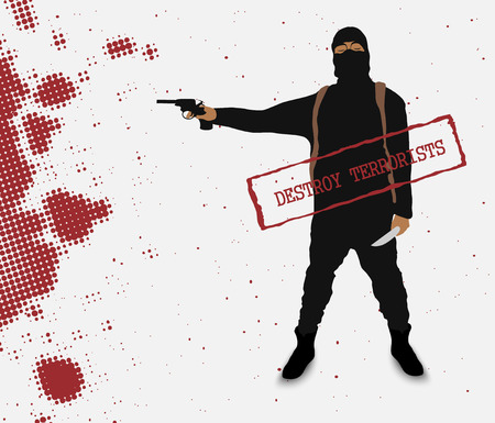 terrorist with a knife in uniform with the inscription destroy terroristsのイラスト素材