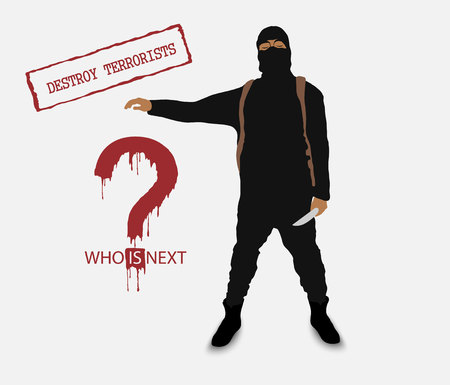 terrorist with a knife in uniform with the inscription destroy terrorists