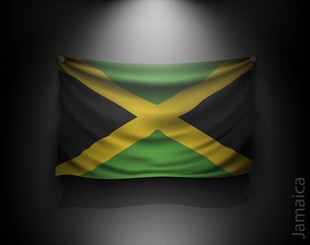 waving flag jamaica on a dark wall with a spotlight, illuminatedのイラスト素材