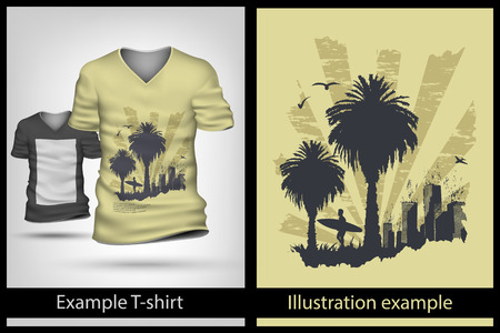 example illustration on a T-shirt. surfer and palm treesのイラスト素材