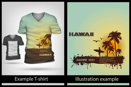 example illustration on a T-shirt. surfer and palm treesのイラスト素材