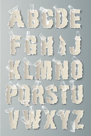 vector set alphabet torn paper with transparent tapeのイラスト素材