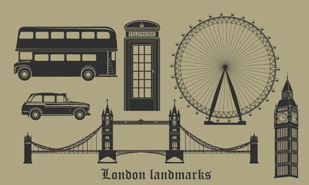vector set of London landmarks, Britain symbols isolatedのイラスト素材