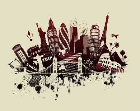 figures on international sites in grunge illustrationのイラスト素材