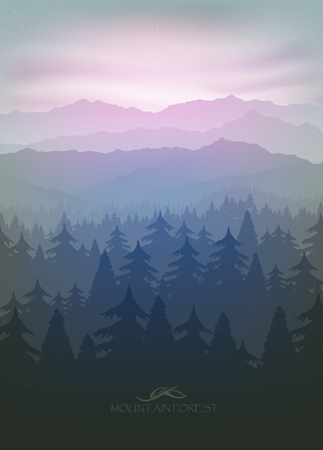 mountain forest in fog and sunrise with starsのイラスト素材