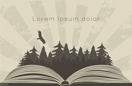 Dark forest in open book with ravenのイラスト素材