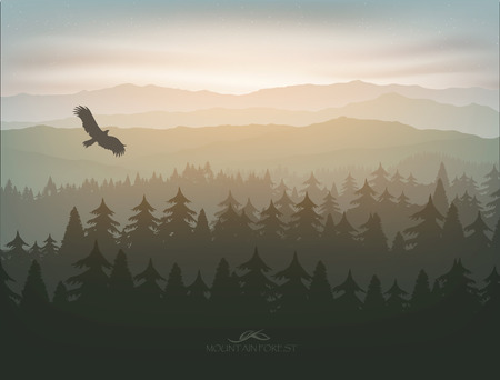 mountain forest in fog and sunrise with starsのイラスト素材