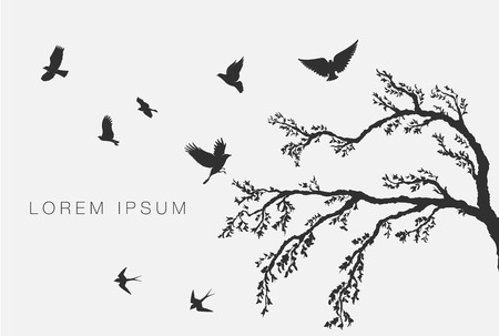 flying birds on tree branchのイラスト素材