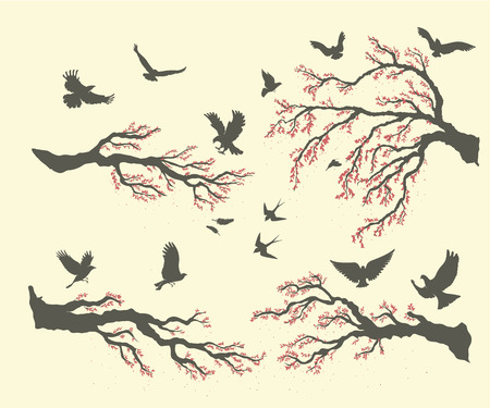 set of branches and birdsのイラスト素材