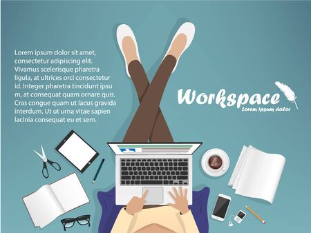 Workplace with man with laptop, phoneのイラスト素材