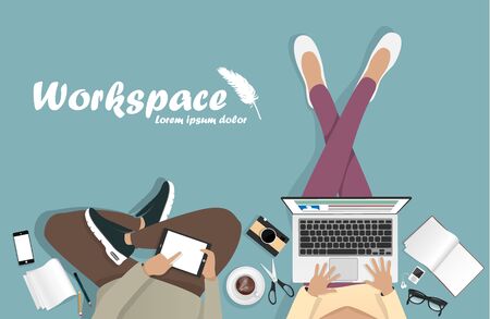 workplace with man with laptop, phoneのイラスト素材