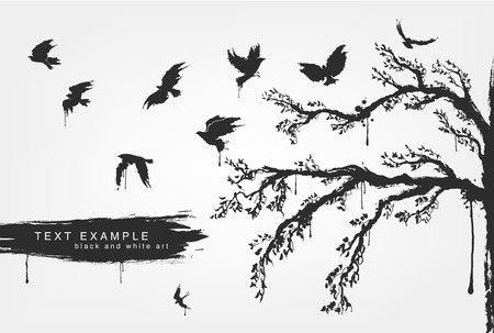 Cool figures of flying birds, trees in grunge style colorsのイラスト素材