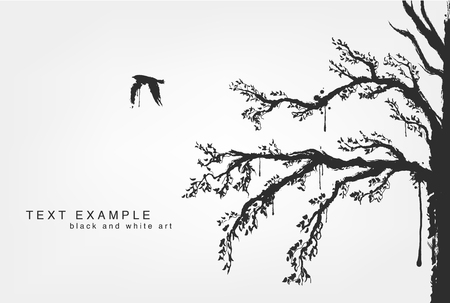 figures of flying birds, trees in grunge styleのイラスト素材