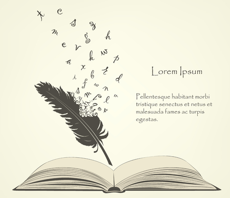 writing old feather with flying alphabet letters and open bookのイラスト素材