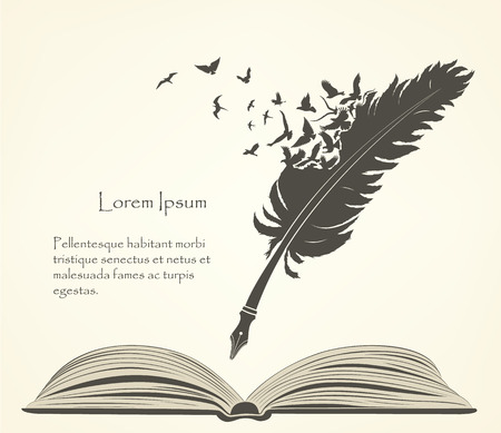 old feather with flying birds and open bookのイラスト素材