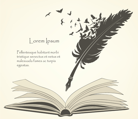 writing old feather with flying birds and open bookのイラスト素材