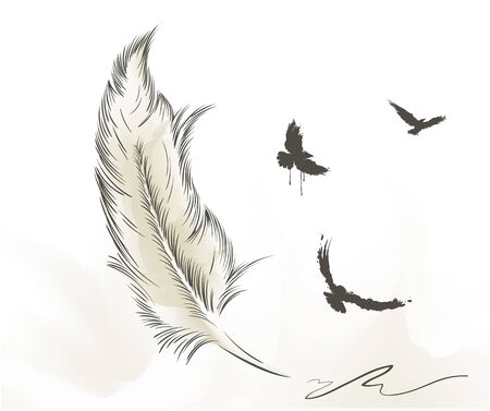 writing old feather paint with flying birds and open bookのイラスト素材